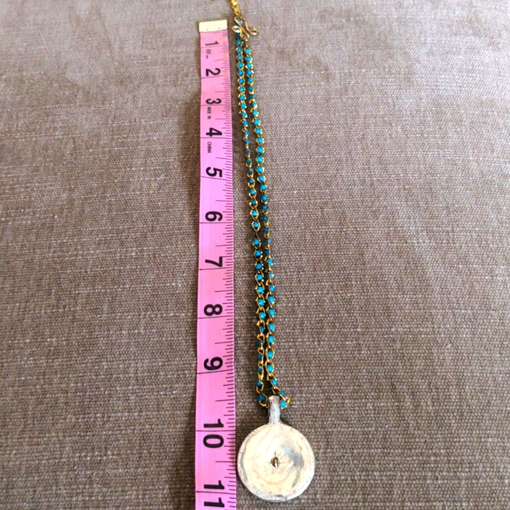 New Turquoise Pendant Necklace. Cross In Gold, Silver Bezel. Beaded, 22"+2". - Picture 6 of 7